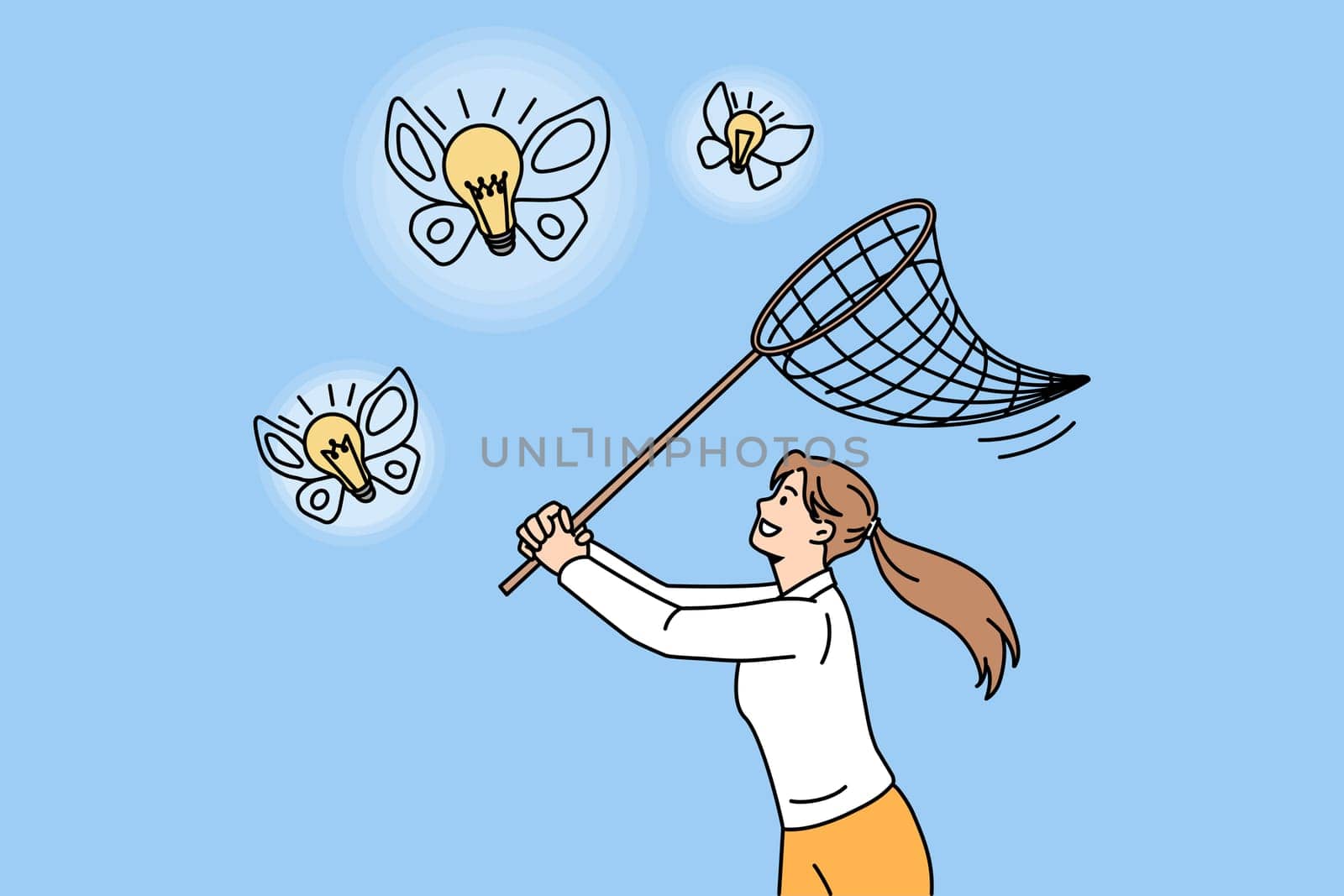 Motivated woman with net catch butterfly innovative business ideas flying. Confident girl trap light bulbs search for creative thoughts. Innovation, brainstorming concept. Vector illustration.