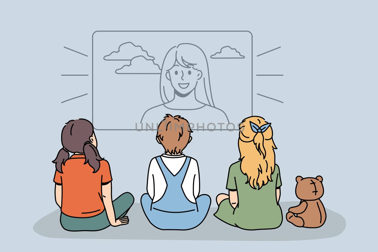 Diverse children sit in front of TV watch movie or cartoon at home together. Small kids enjoy television film or program on weekend. Entertainment, childhood concept. Flat vector illustration.