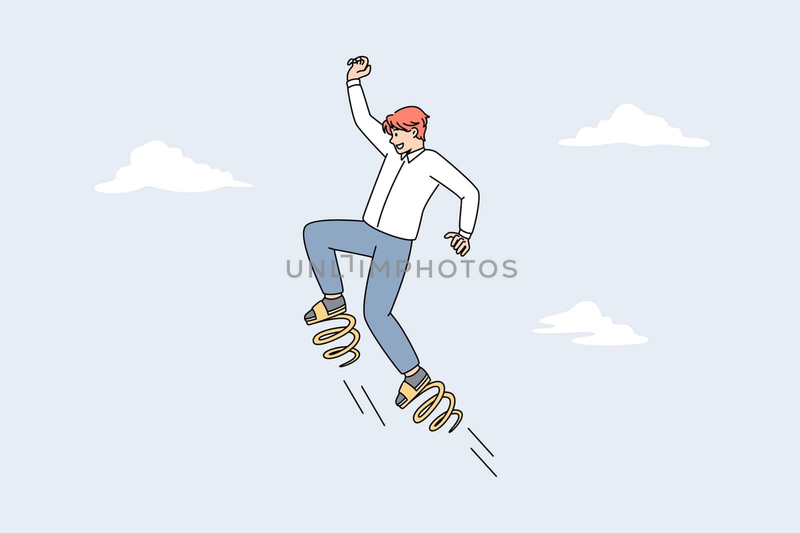 Businessman on springs jump high reach business success. Male employee or worker approach career aim or goal achievement. Startup and progress concept. Development. Vector illustration.