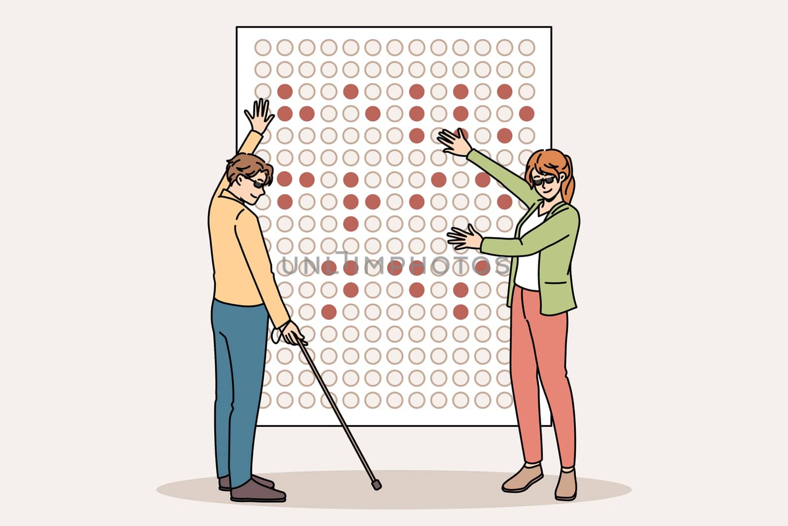Blind people learn braille alphabet on board in school together. Disabled man and woman communicate read use symbols sign language. Equality and disability concept. Flat vector illustration.