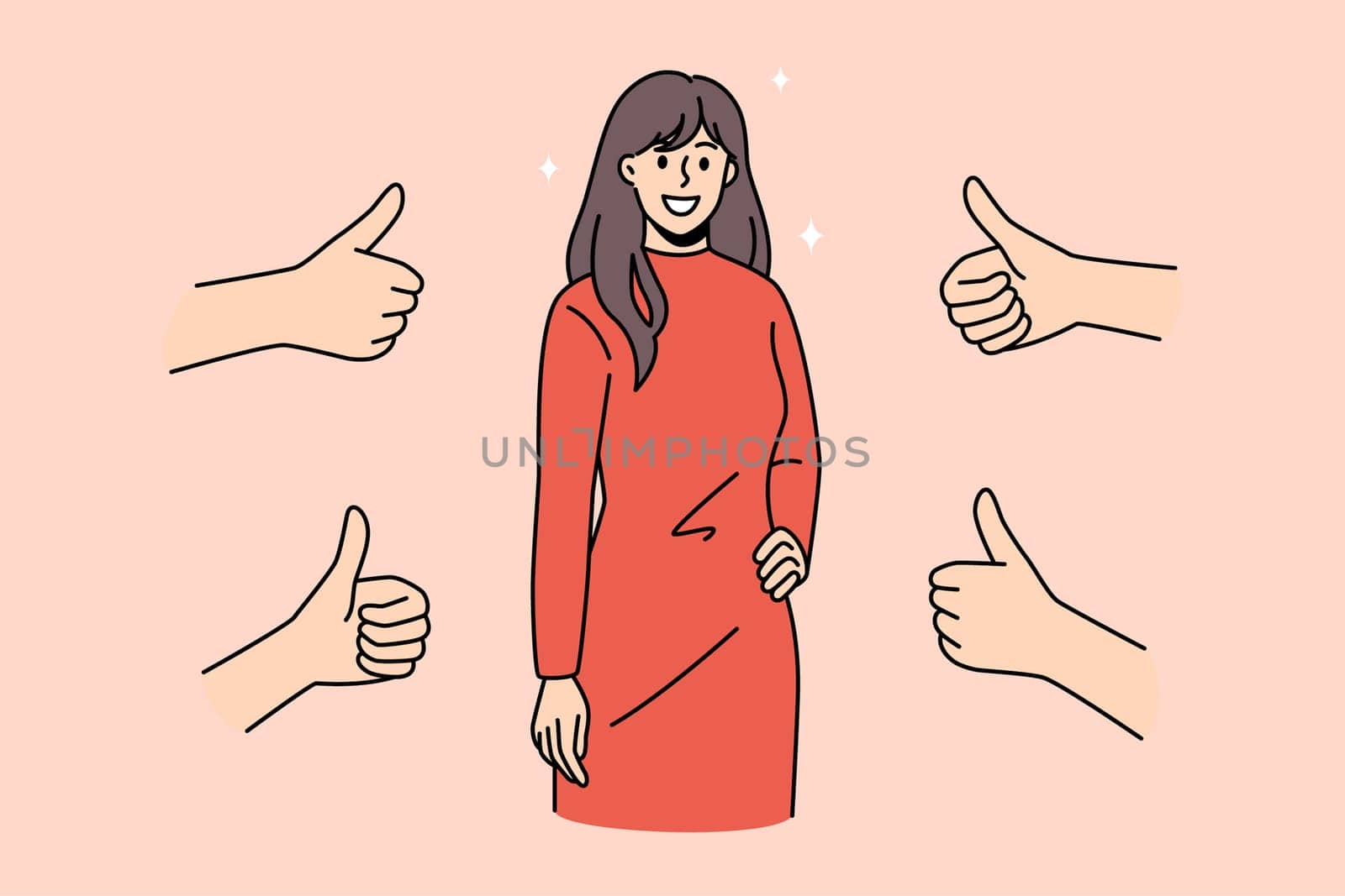 Smiling young woman get likes of subscribers, feel popular in social media. Happy millennial girl receive acknowledgment and public approval. People give thumbs up. Recognition. Vector illustration.