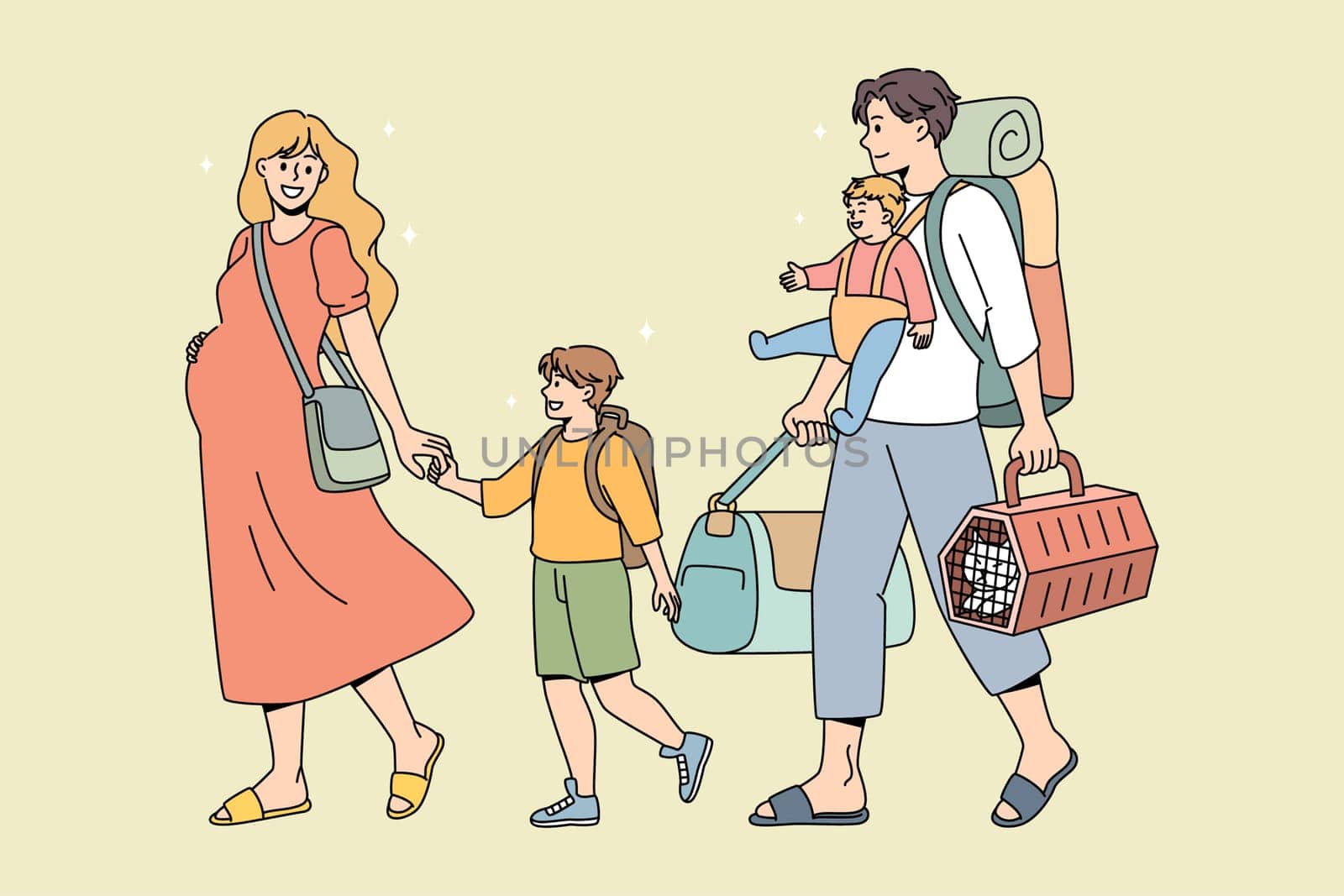 Young family with kids carry personal belongings ready for summer vacation. Happy father, pregnant mother and children ready for travel. Season holiday, tourism concept. Leisure activity.