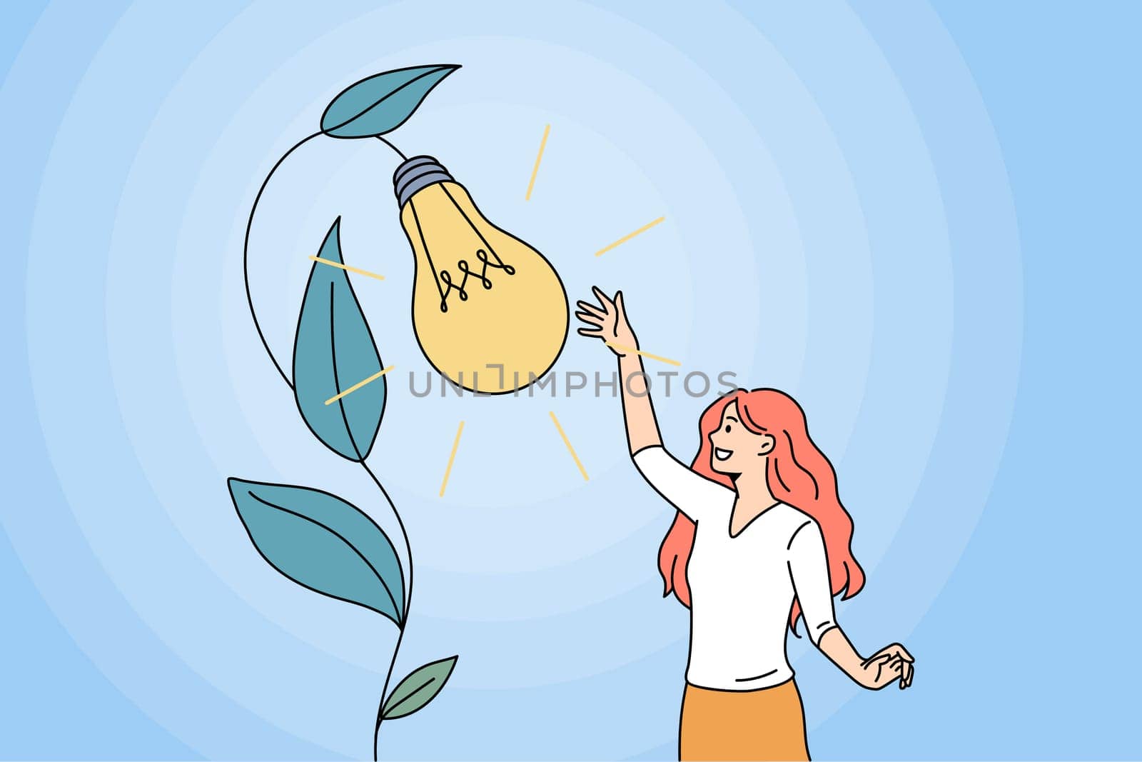 Motivated young woman grow creative business idea, caress lightbulb come from flower. Happy girl brainstorm develop strategy or startup. Creativity, inspiration. Vector illustration.