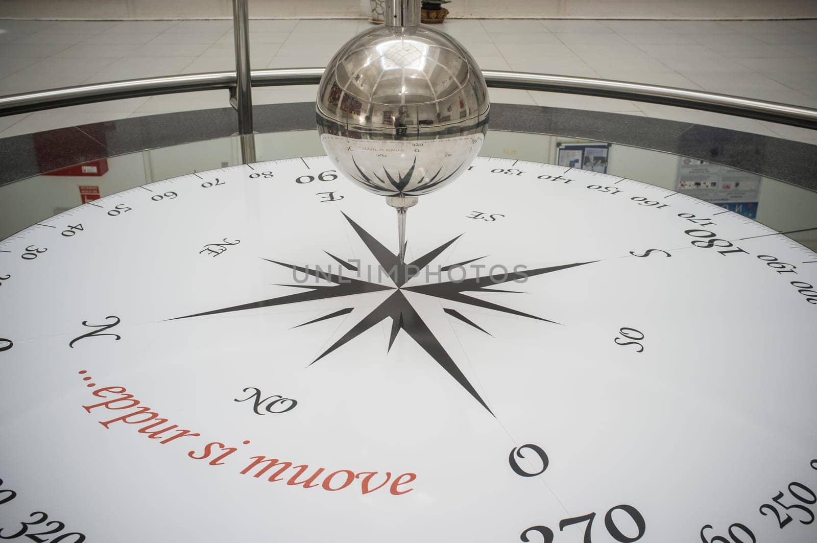 Badajoz, Spain - Sept 16th, 2019: Foucault pendulum at Faculty of Science. Galileo phrase written, And yet it moves. Badajoz Campus