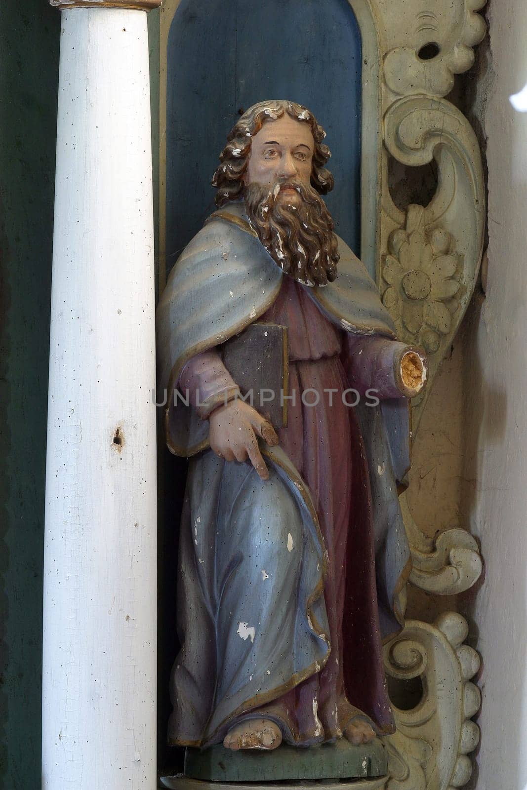 Statue of a saint on the altar of St. Stephen in the church of Our Lady of the Snows in Volavje, Croatia
