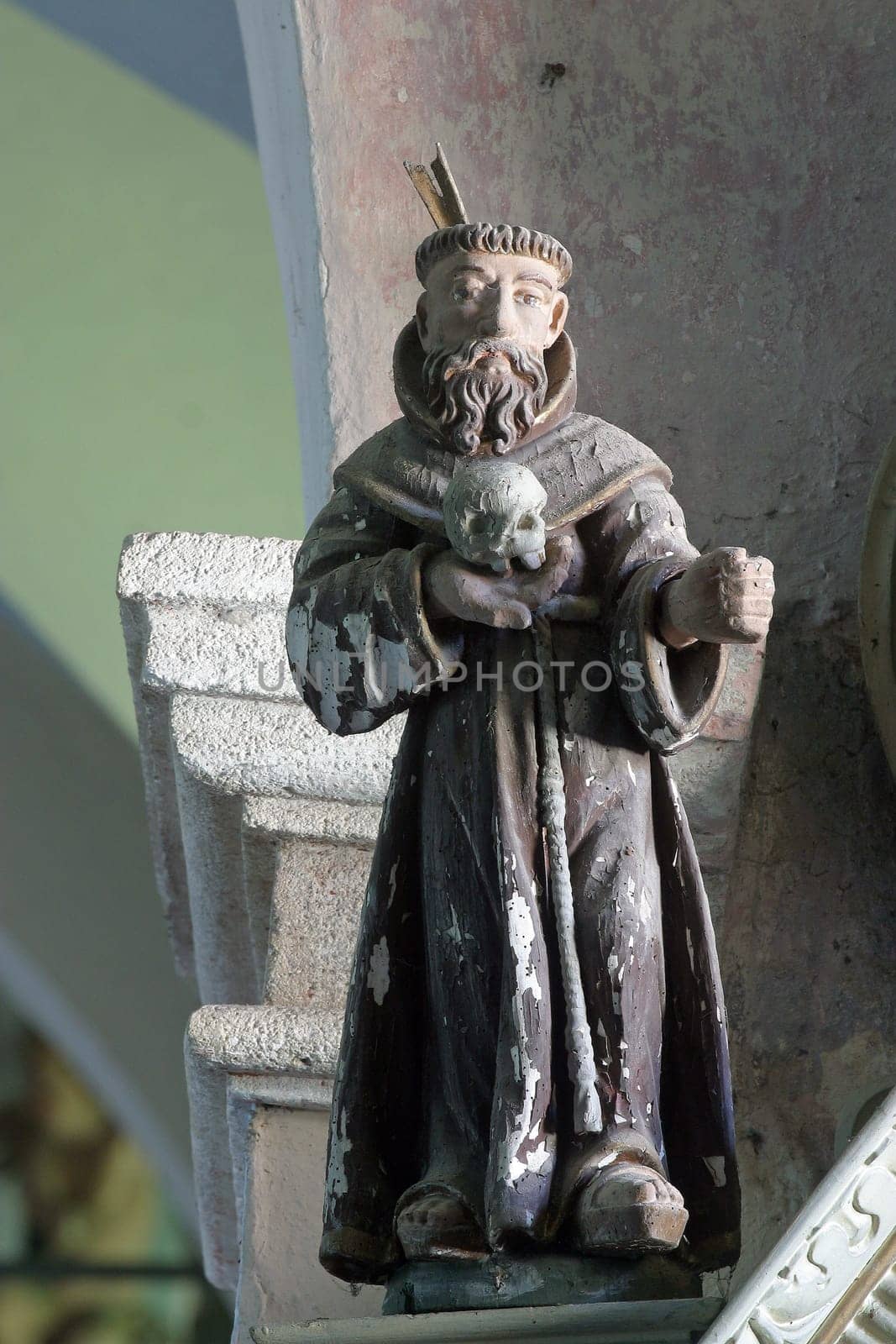 Statue of a saint on the altar of St. Stephen in the church of Our Lady of the Snows in Volavje, Croatia