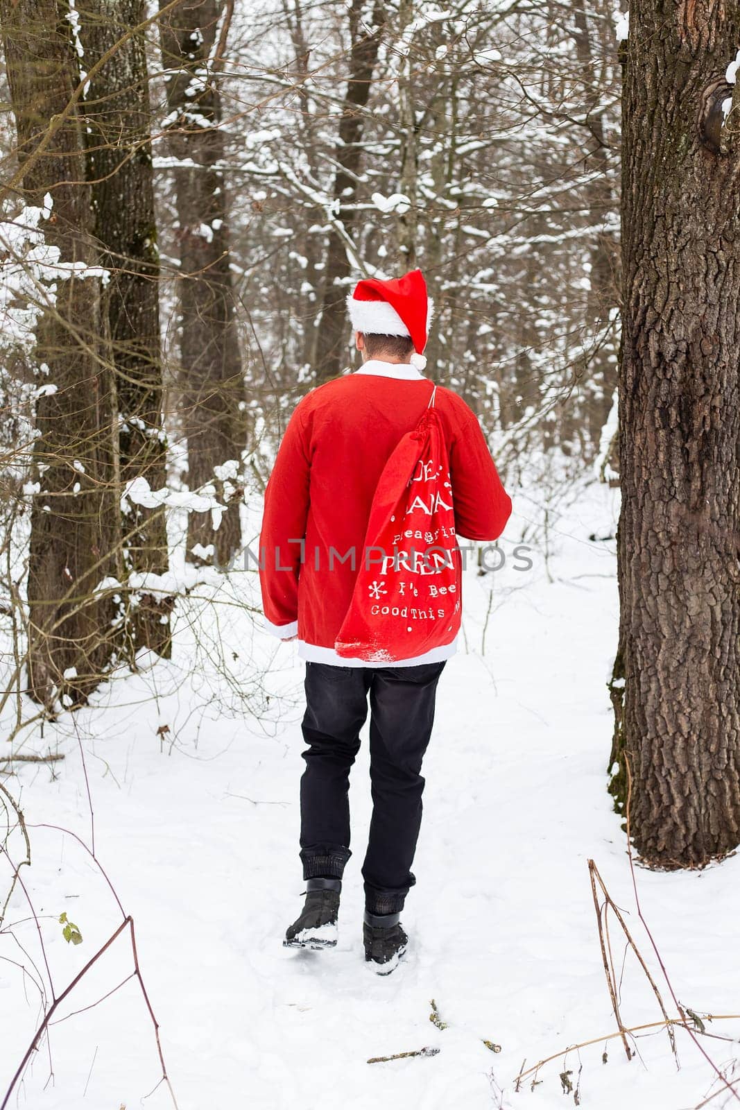 A traditional Santa Claus in a hat and a bag of gifts walks through the forest carrying gifts. Back view