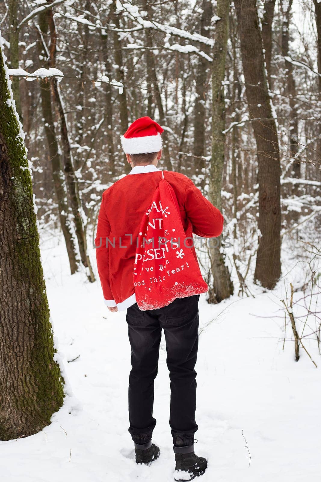A traditional Santa Claus in a hat and a bag of gifts walks through the forest carrying gifts. Back view