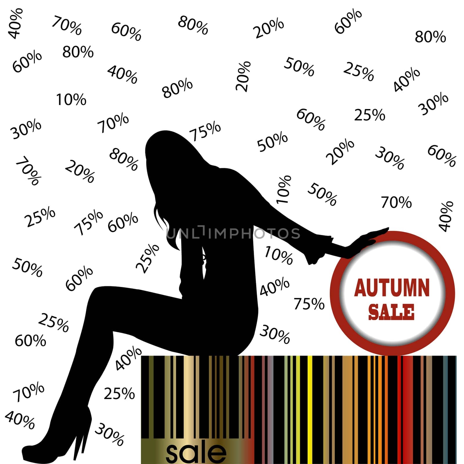 Autumn sale advertising illustration with woman sitting on bar code