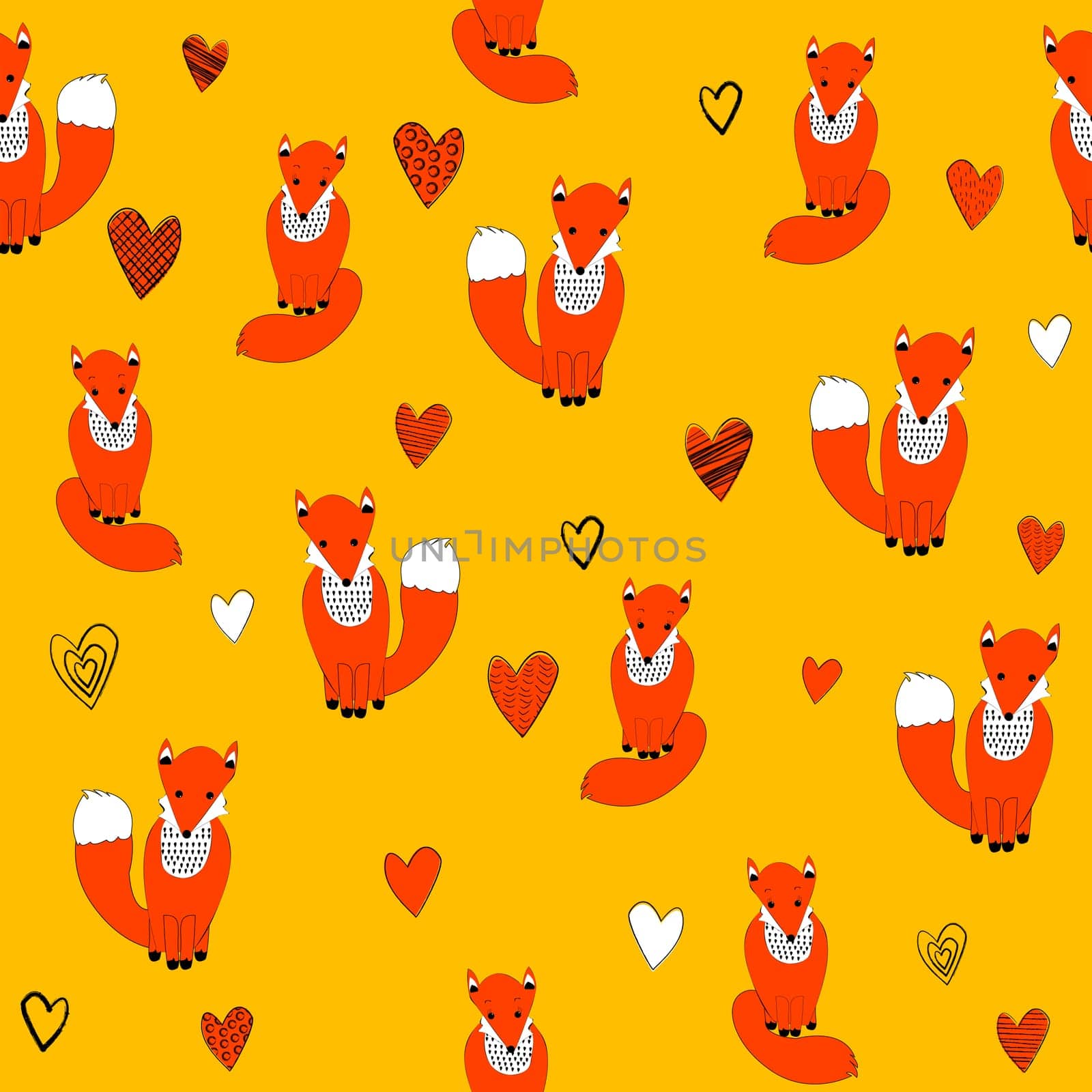 Colorful seamless pattern with hand drawn cartoon foxes