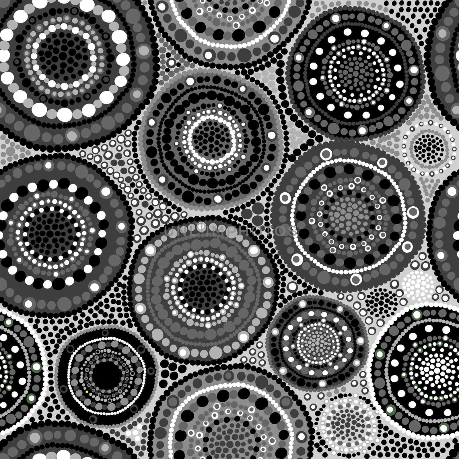 Black and white seamless ethnic pattern with round shapes made of dots