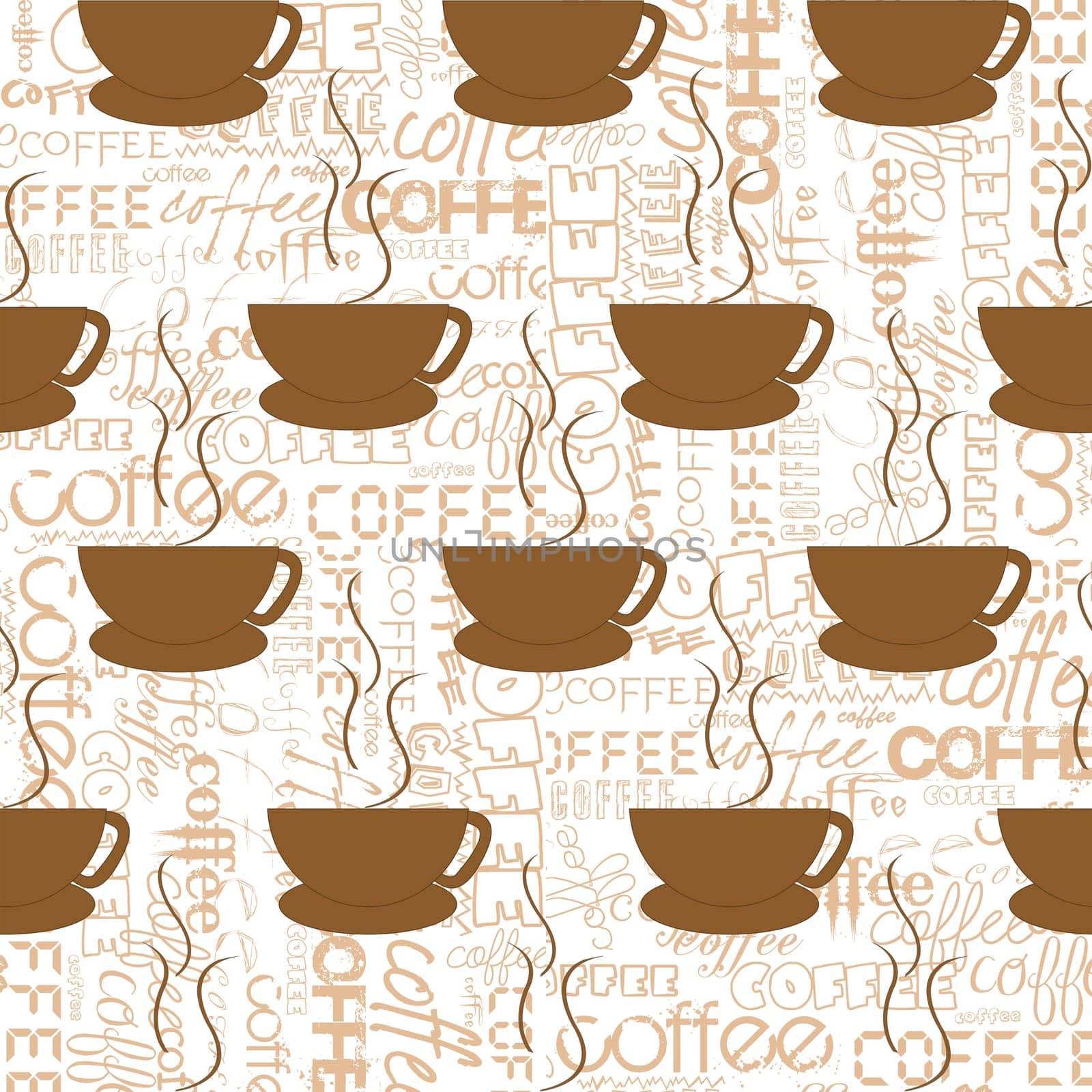 Coffee seamless pattern with cups over coffee lettering background