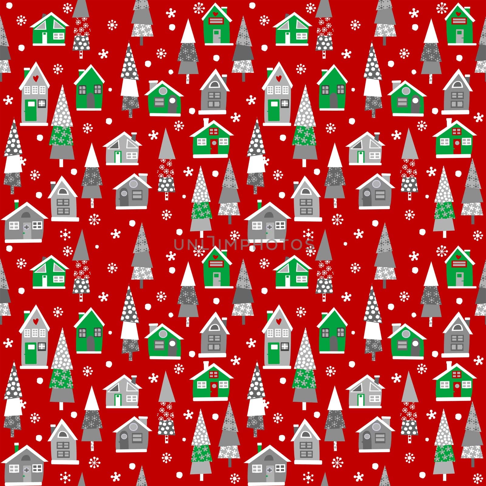 Christmas seamless with houses and trees over red background