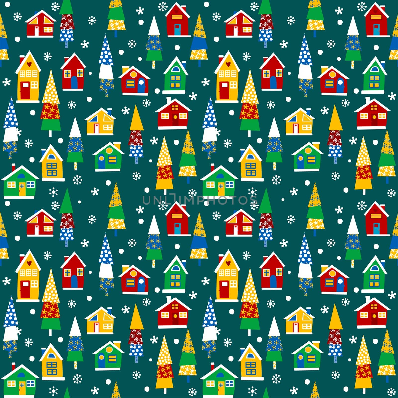 Christmas seamless background with houses and trees