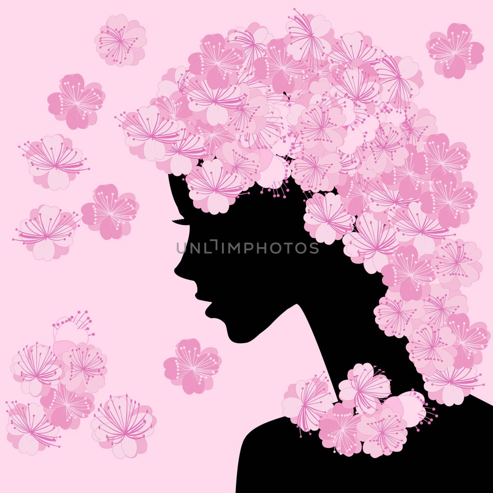 Girl profile with cherry flowers background