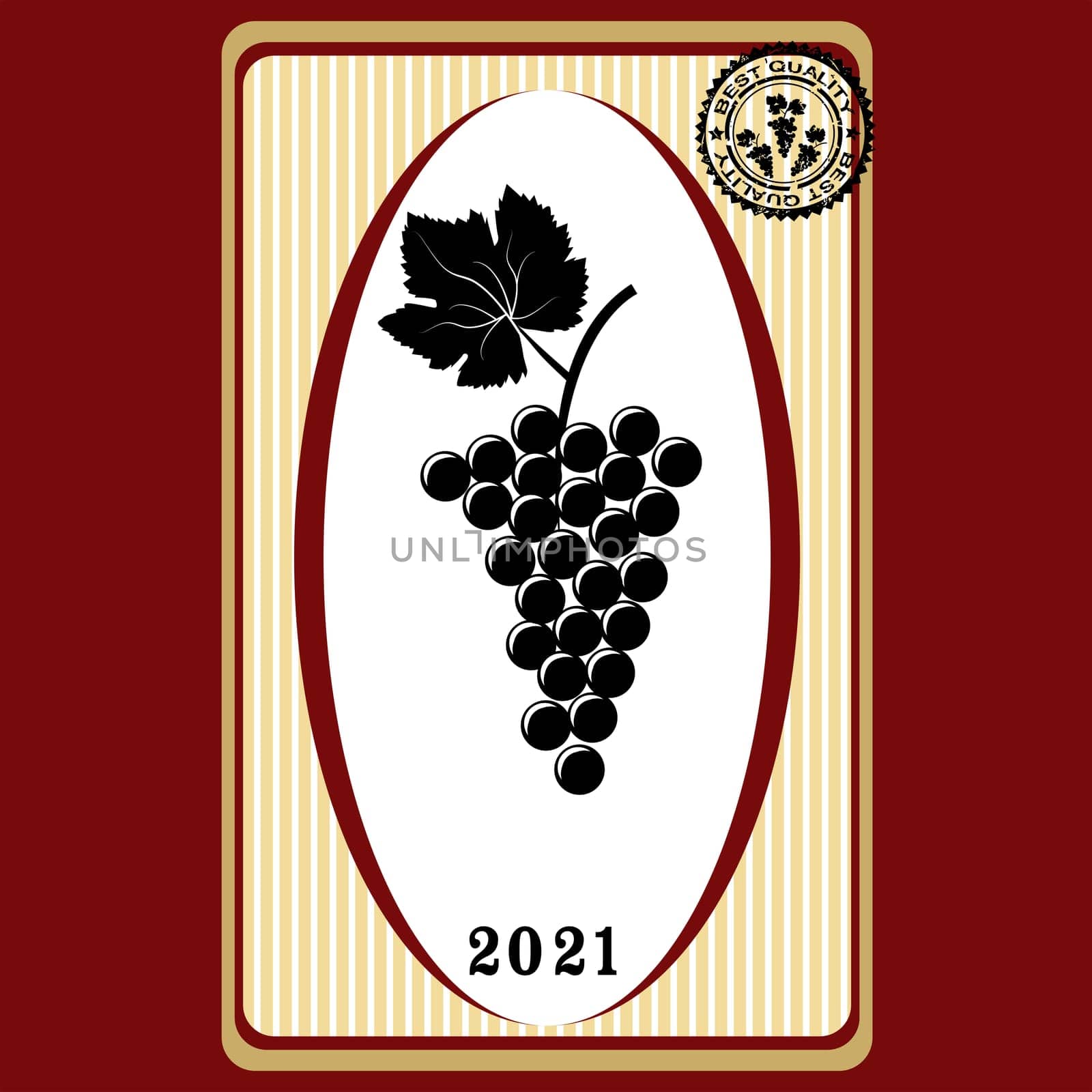 Label for wine with bunch of grapes and rubber stamp