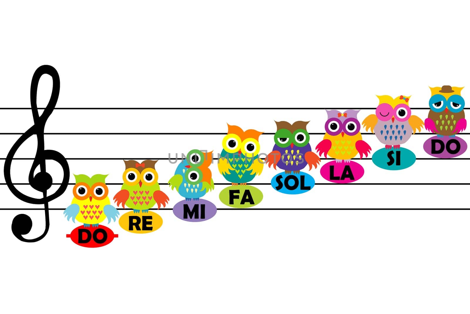 Musical background with cartoon owls on stave like music notes
