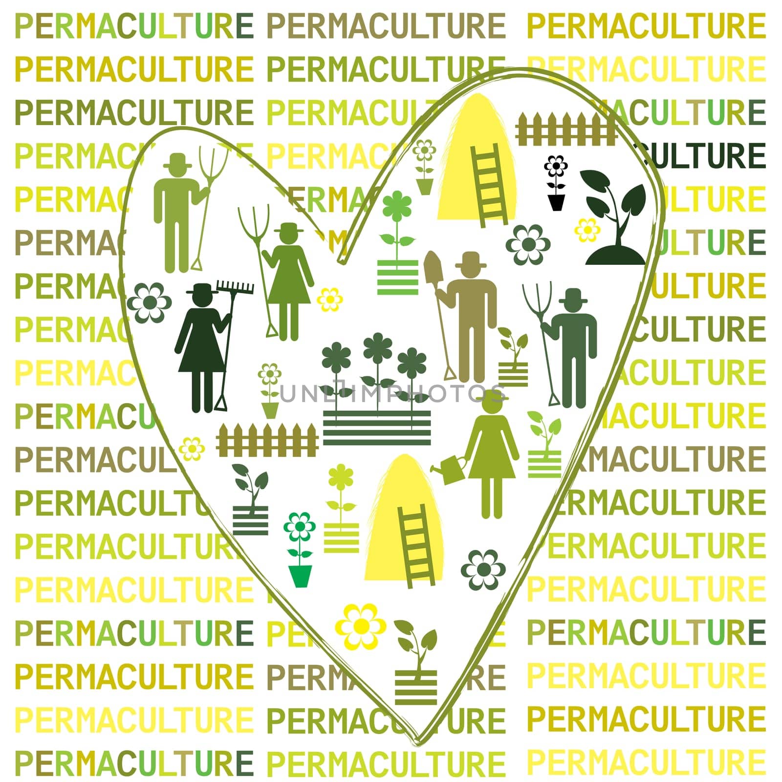 Permaculture background with icons that are placed in the shape of a heart