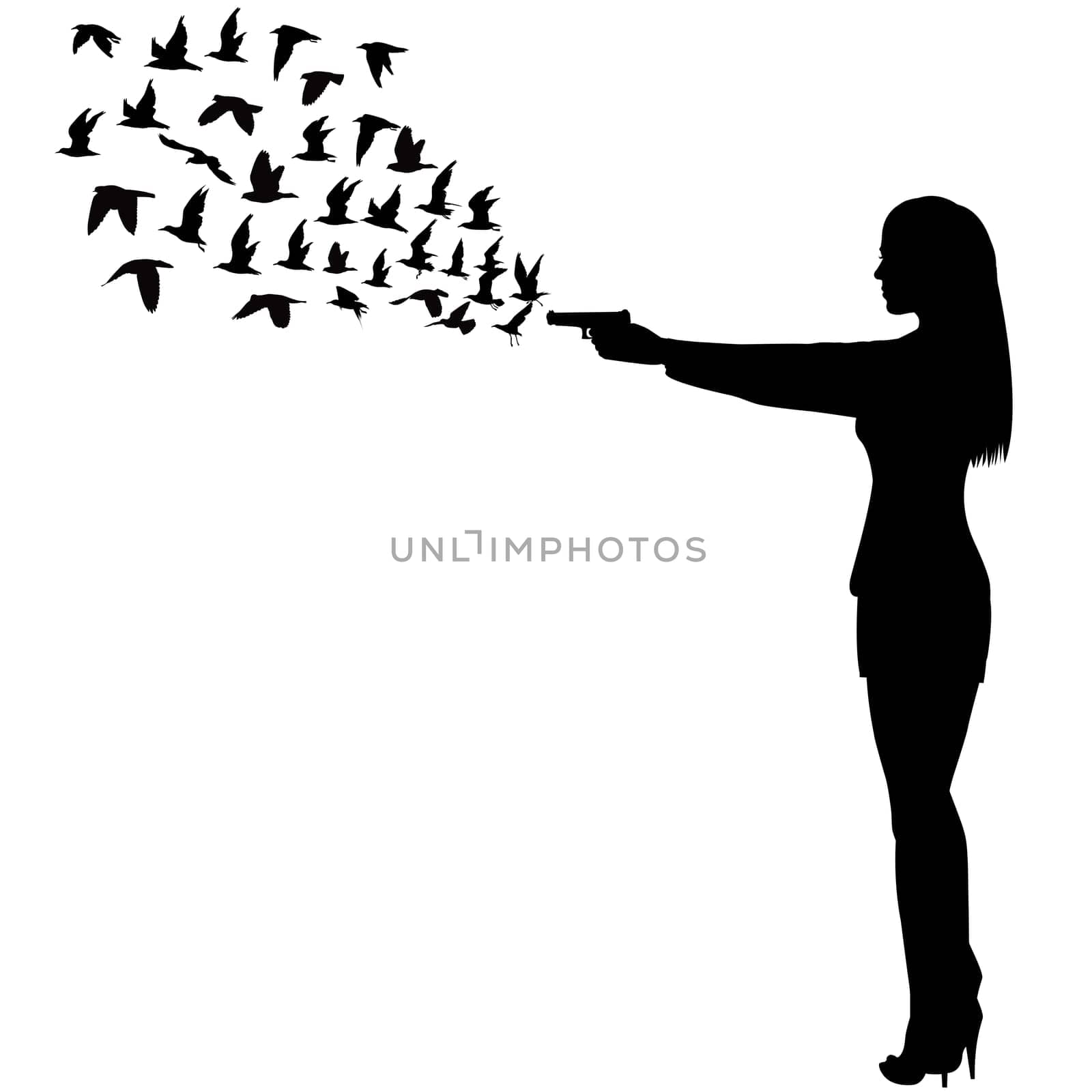 Silhouette of a beautiful sexy woman shoot the gun and birds coming out of the gun