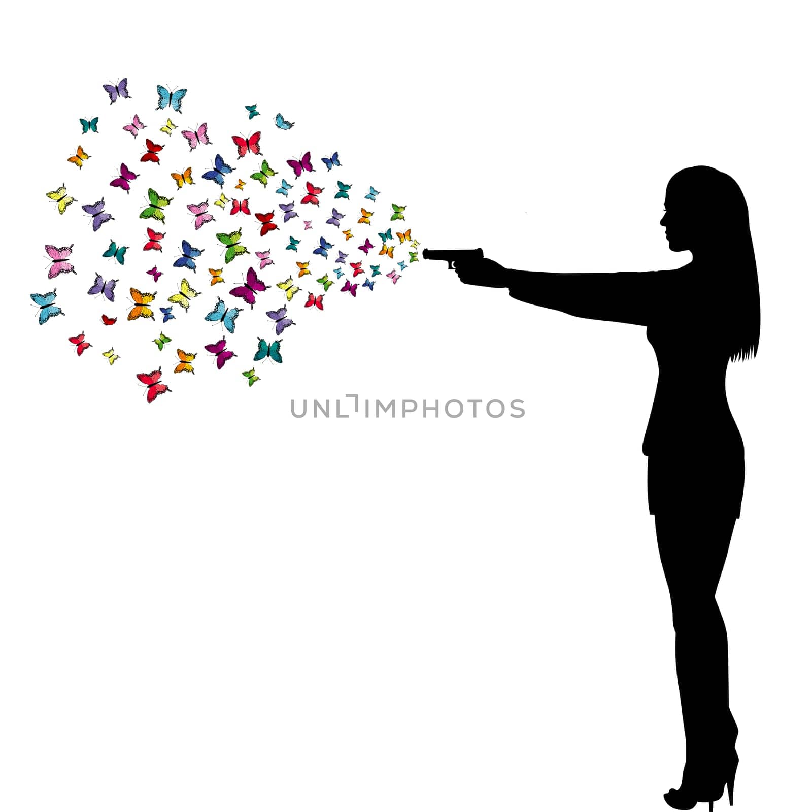 Silhouette of a beautiful sexy woman shoot the gun and colorful butterflies coming out of the gun