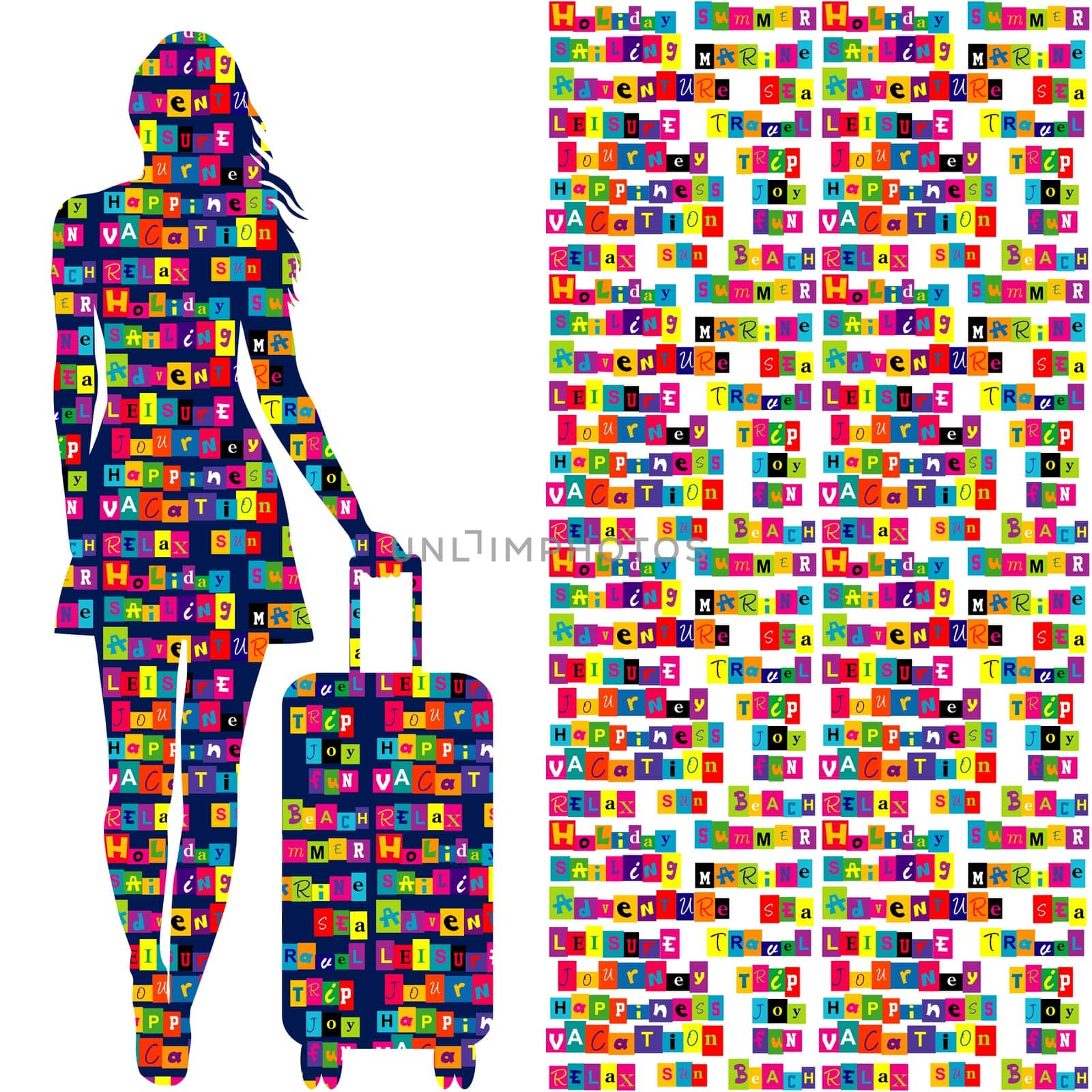 Travel background with a woman holding a trolley luggage and words related to the holiday