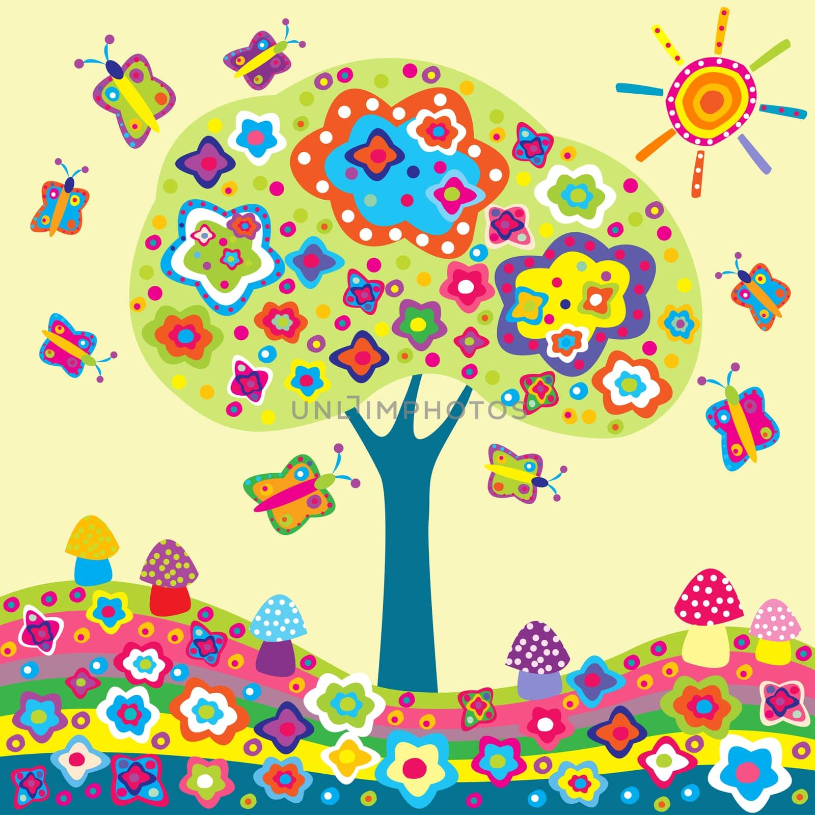 Whimsy spring background with flower tree, mushrooms and butterflies