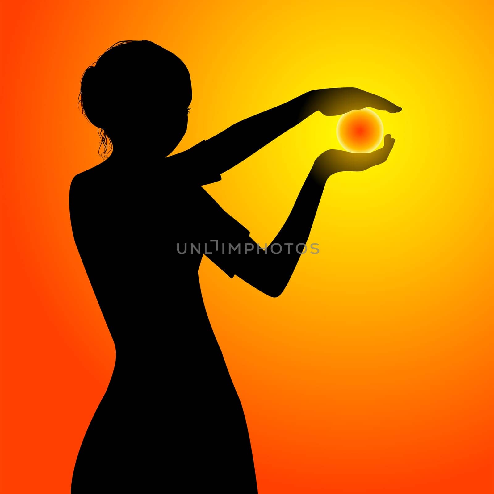Young girl in dress holding the sun in her hands