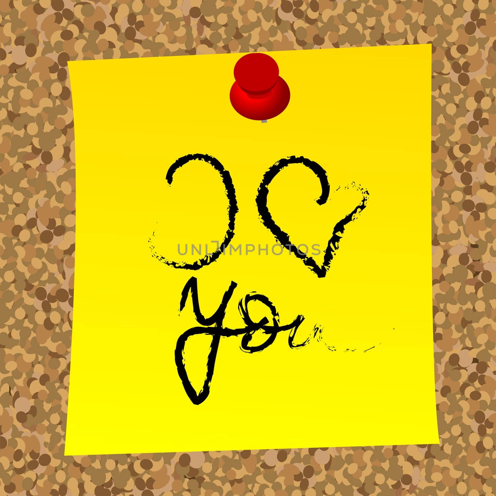 Yellow post it with the message i love you caught on the cork board