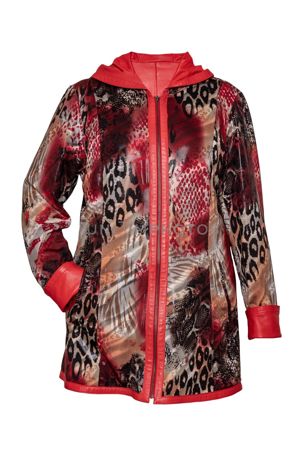 Leather coat. Stylish elegant and luxurious female red brown patterned leather jacket for woman isolated on a white background. Women fashion.