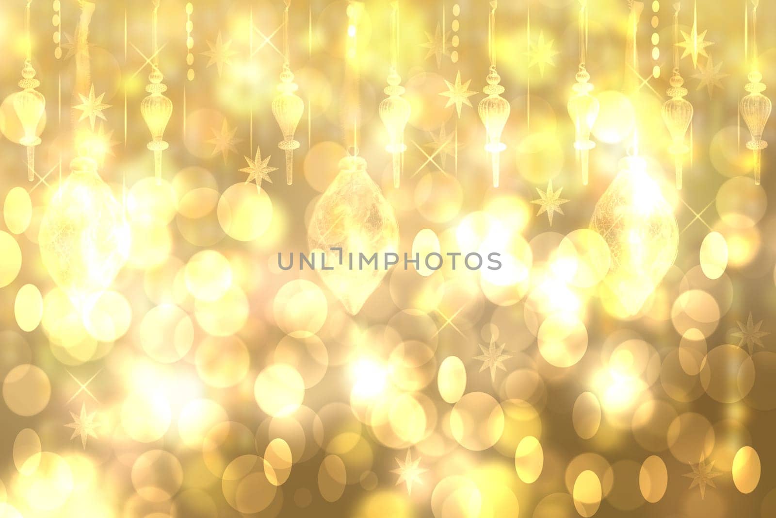 Christmas card template. Abstract festive light golden yellow white winter christmas or New Year background texture with blurred bokeh lights and stars. Beautiful backdrop.