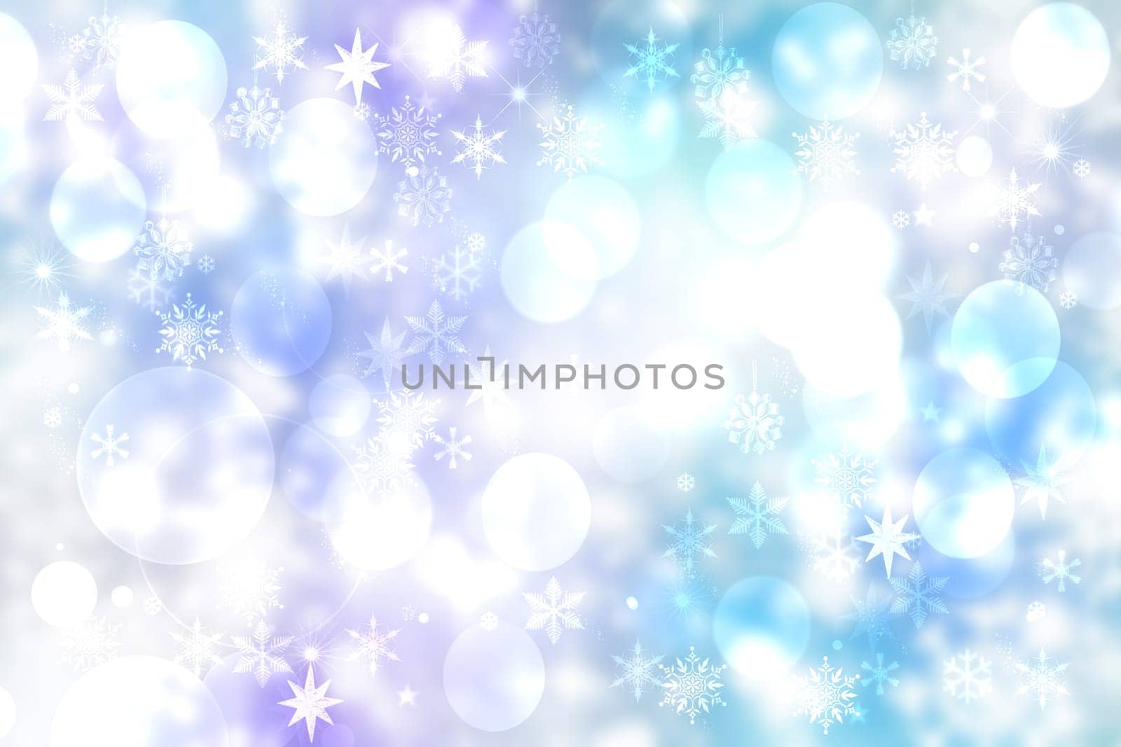 Abstract blurred festive light blue pink winter christmas or Happy New Year background with shiny blue and white bokeh lighted snowflakes and stars. Space for your design. Card concept.