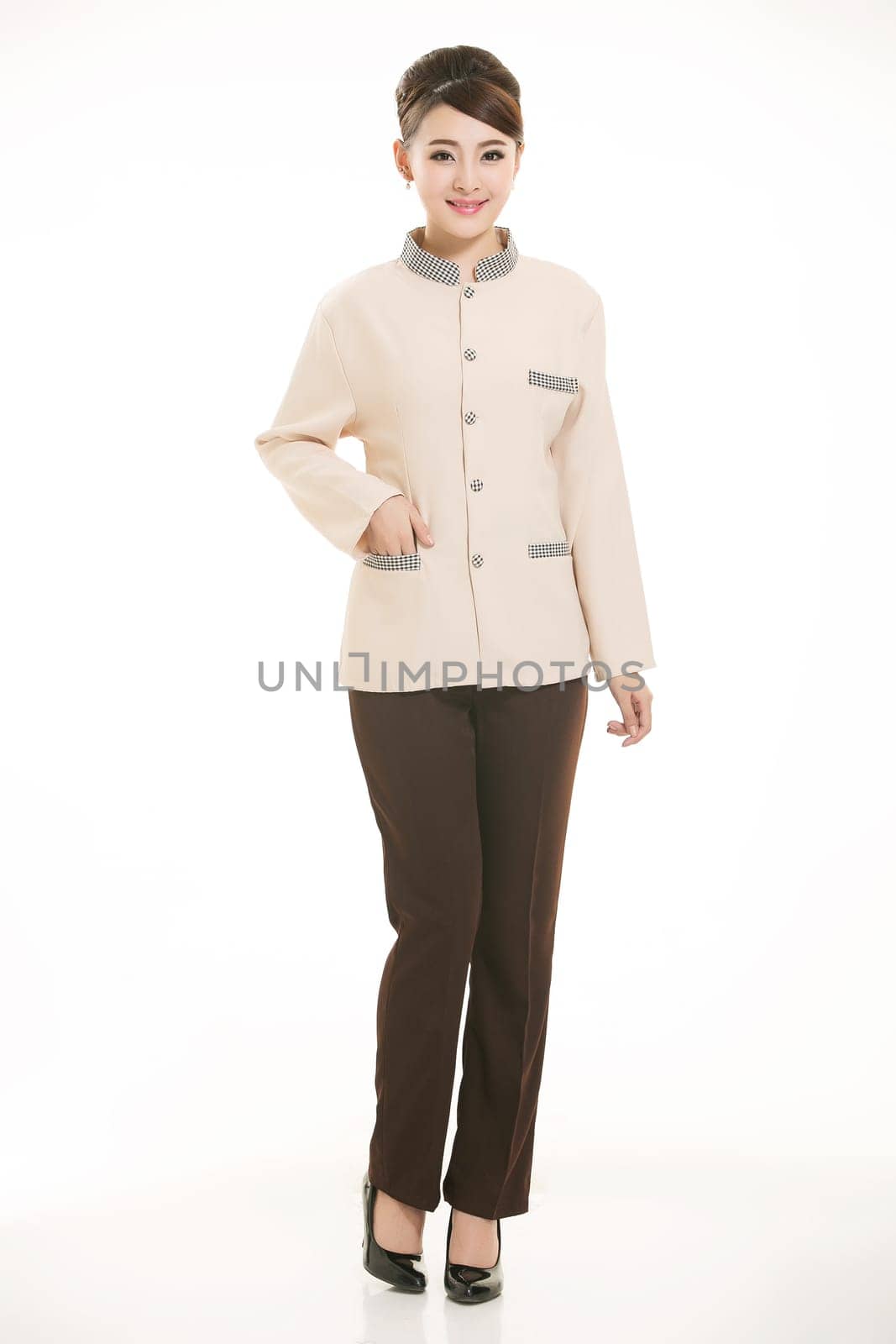 In a variety of occupation clothing cleaners stand in front of a white background