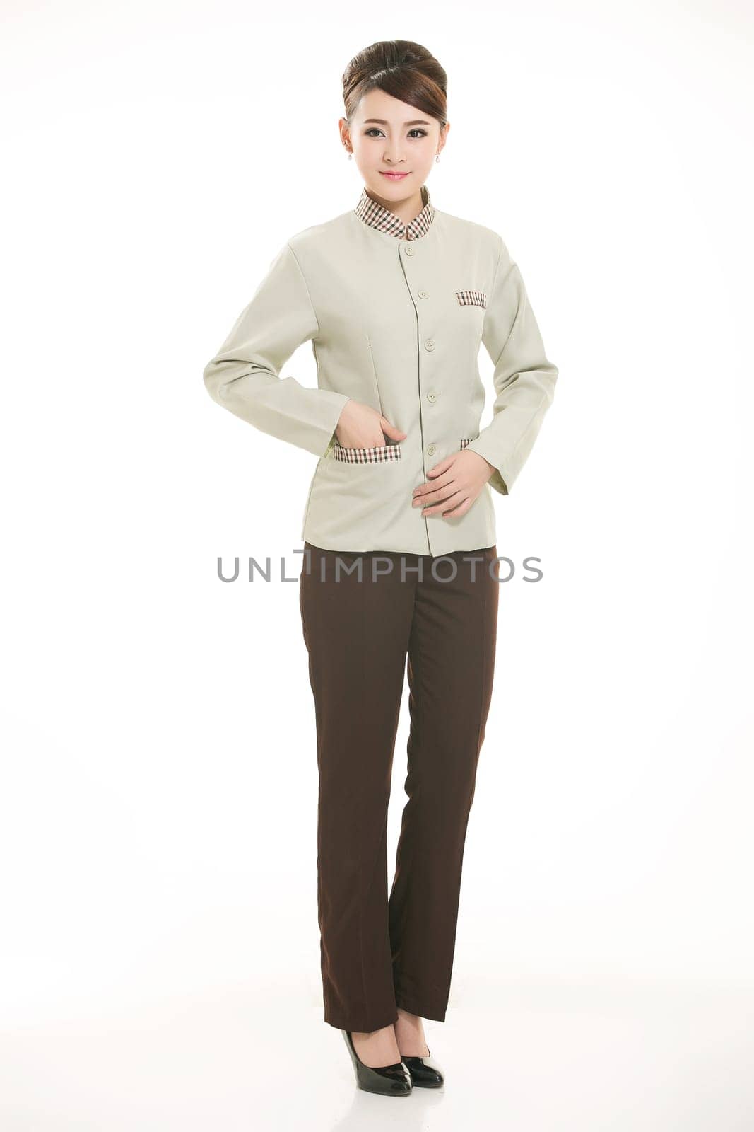 In a variety of occupation clothing cleaners stand in front of a white background