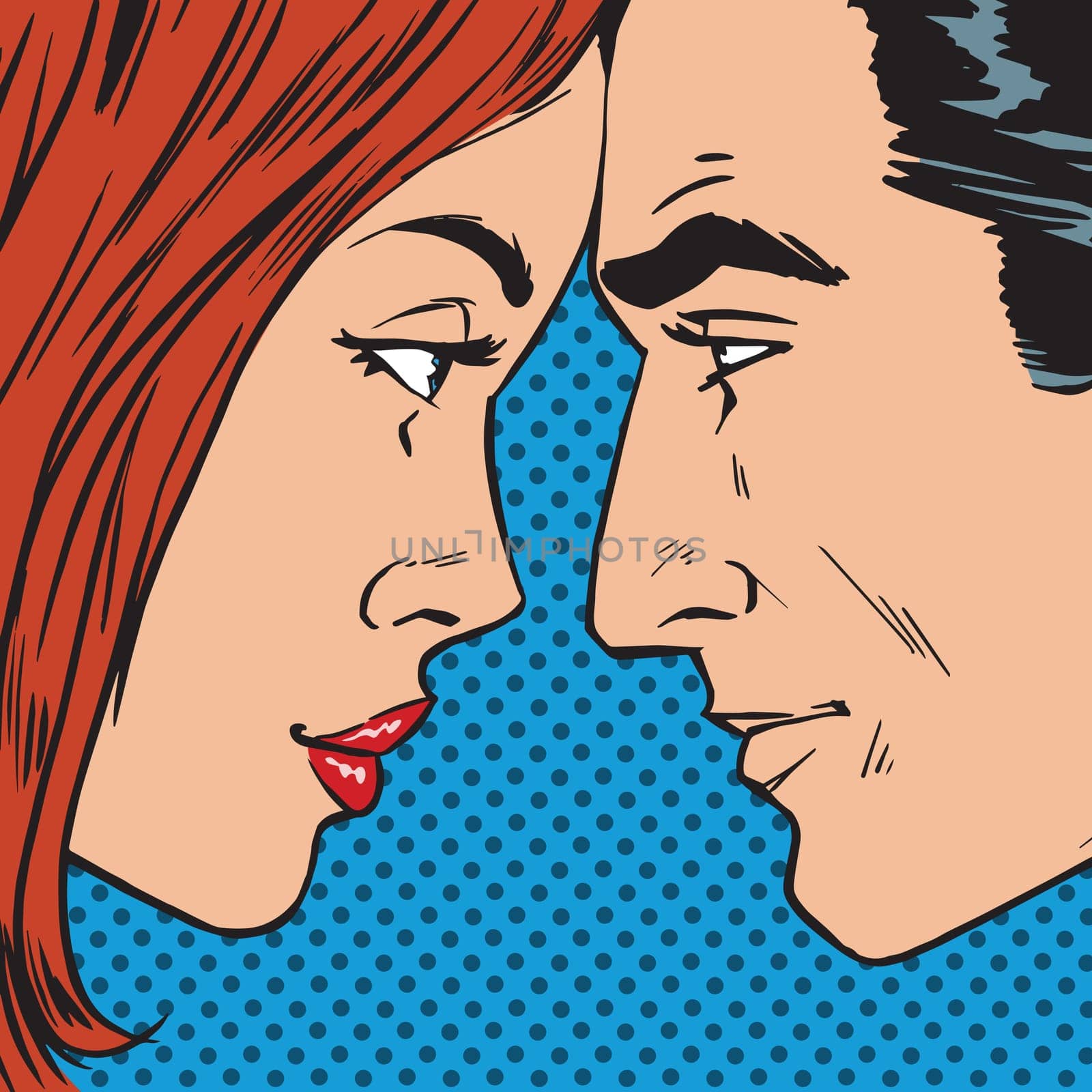 Man and woman looking at each other face to face pop art comics retro style Halftone. Imitation of old illustrations