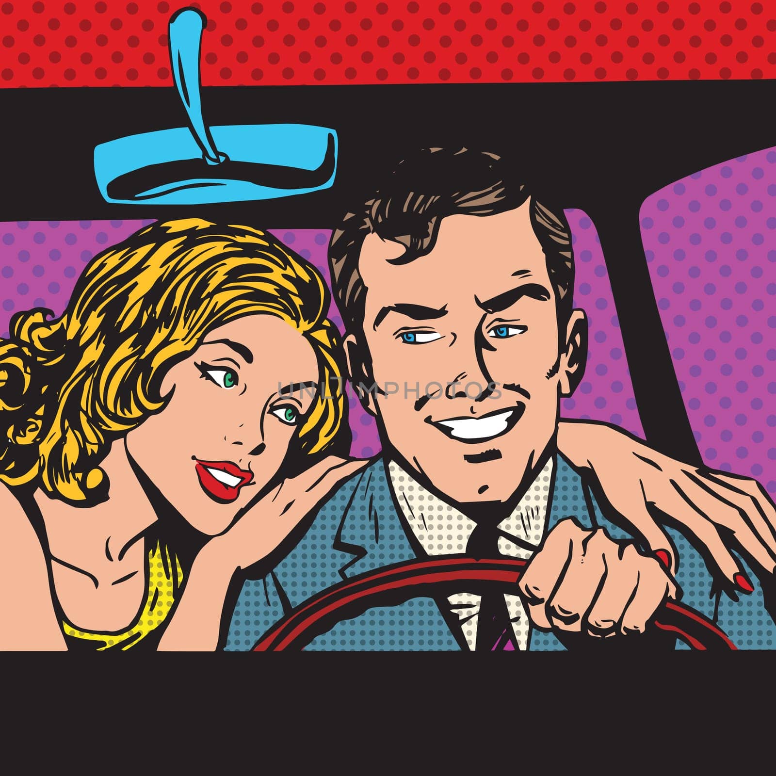 Man and woman in the car family pop art comics retro style Halftone. Imitation of old illustrations. Imitation vintage illustrations. Buy transport