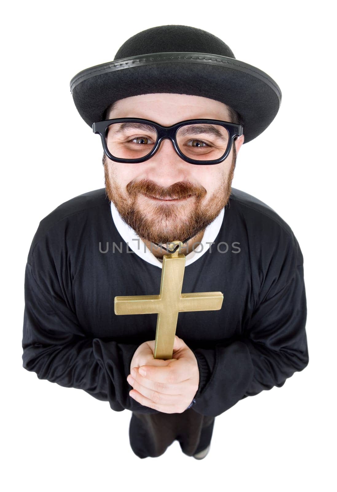 young man dressed as priest, isolated on white