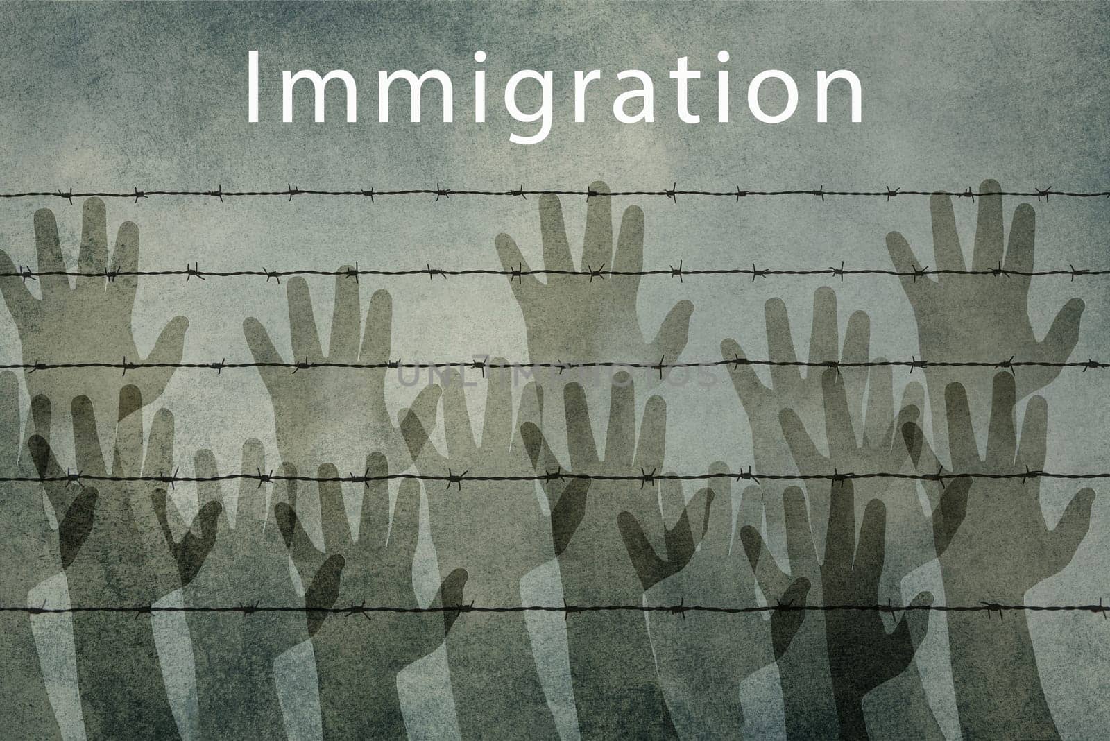Immigration, refugees Europe, asylem seekers, immigrants. silhouette of arms behind a barbed wire, border, human rights