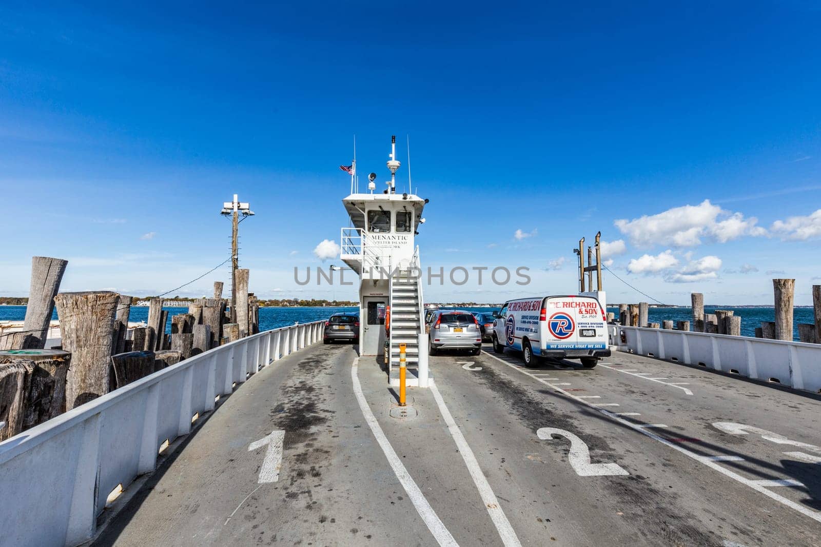 Sterling, USA - October 27, 2015: crossing the canal at Peconic river with the south ferry at Sterling, USA.