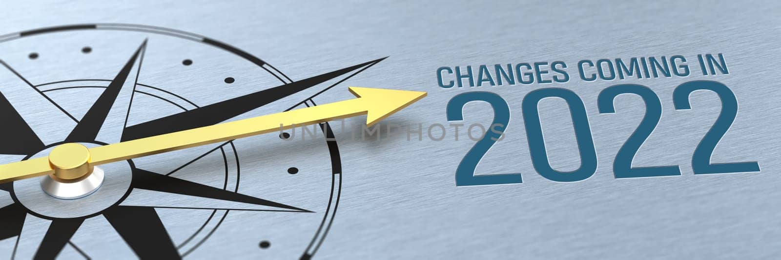Compass needle pointing to the text Changes coming in 2022 - 3d render