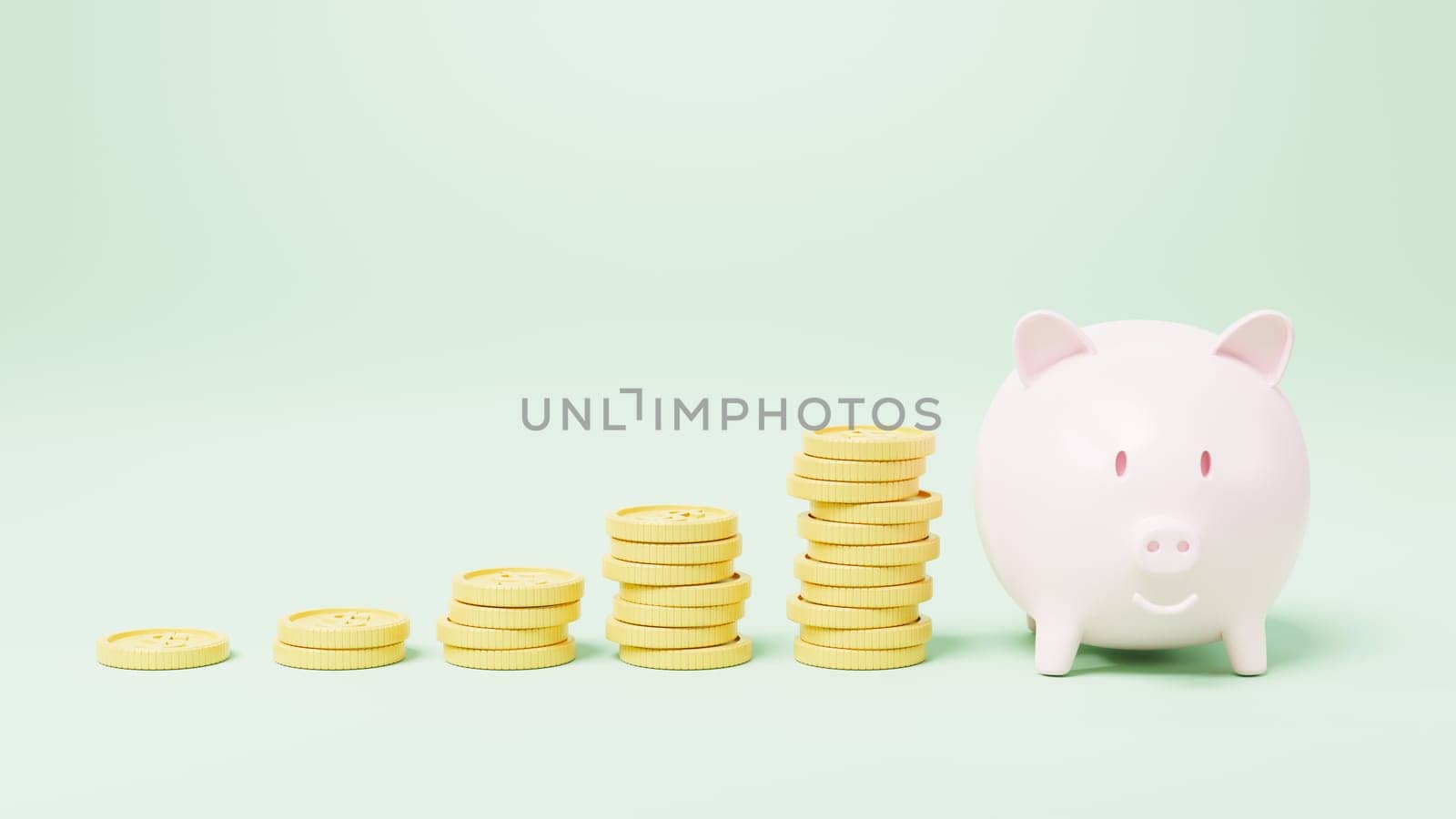 Piggy bank with coin money growing graph on green background, fat pig saving or accumulation of money investment moneybox, 3D rendering illustration
