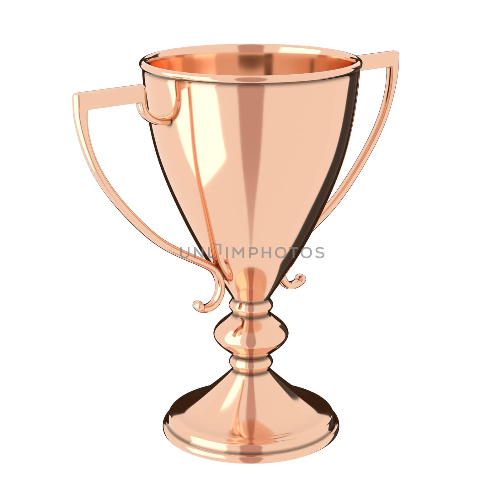Rose gold or bronze trophy cup isolated on white background. Victory, best product, service or employee, first place concept. Achievement in sports. Isolated on white background.