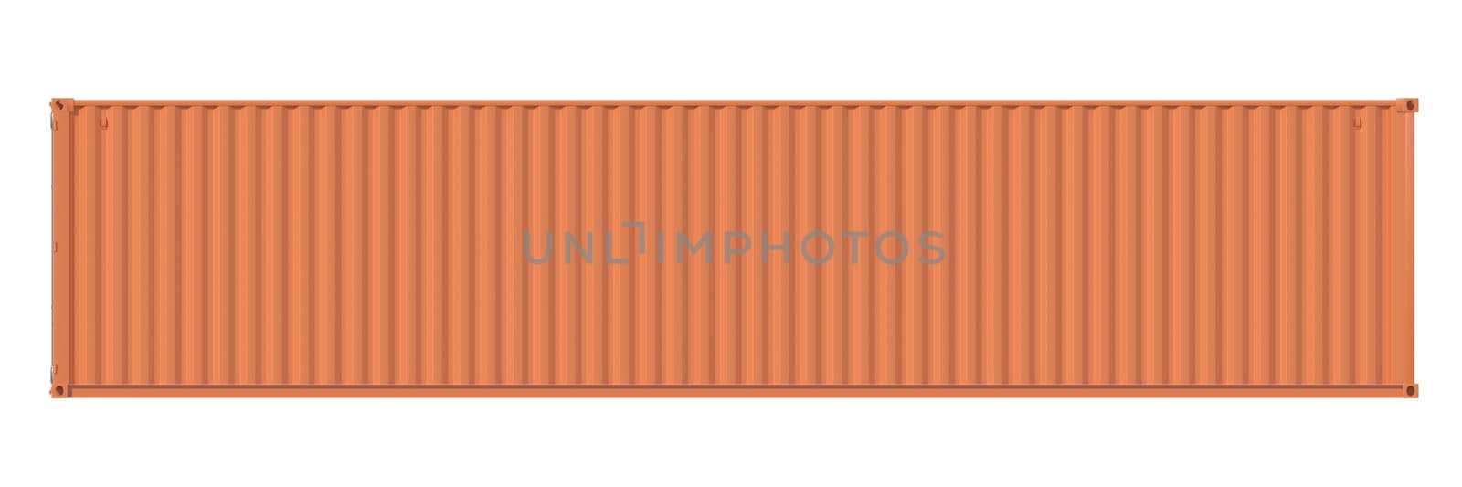 Ship cargo container 40 feet length, side view. Brown metallic freight box isolated on white background. Marine logistics, harbor warehouse, customs, transport shipping concept. 3D illustration