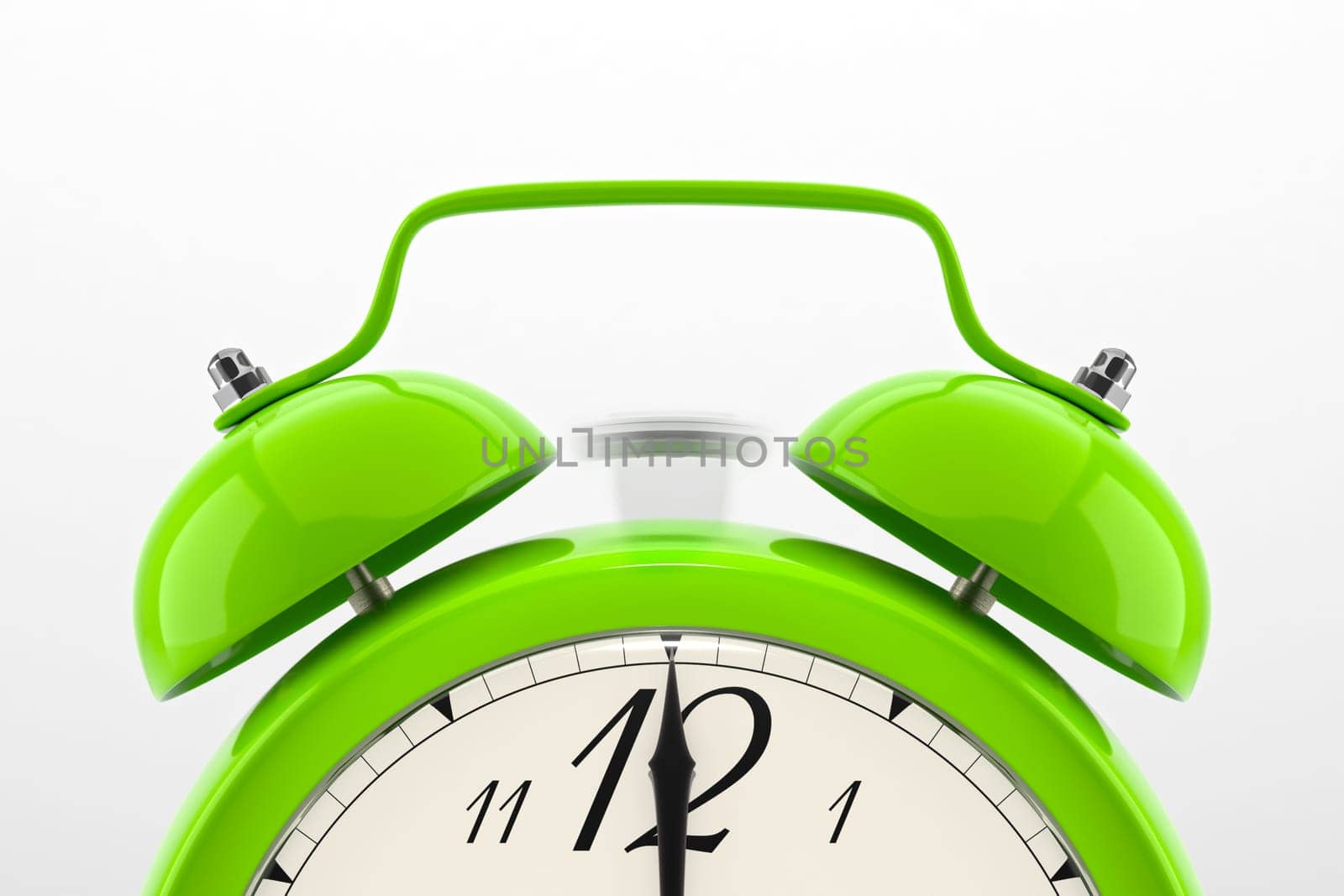 Ringing alarm clock. Green table shelf vintage clock on white background. 3D illustration