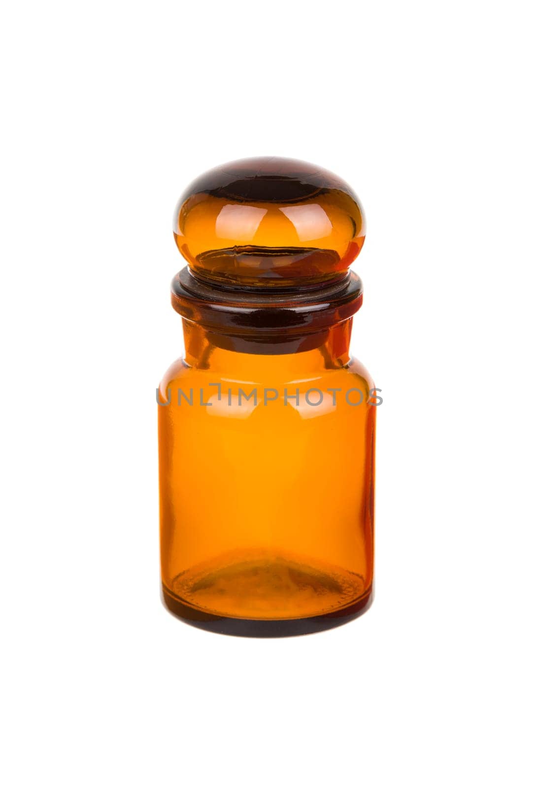 Empty vintage apothecary bottle with closed lid isolated on white background