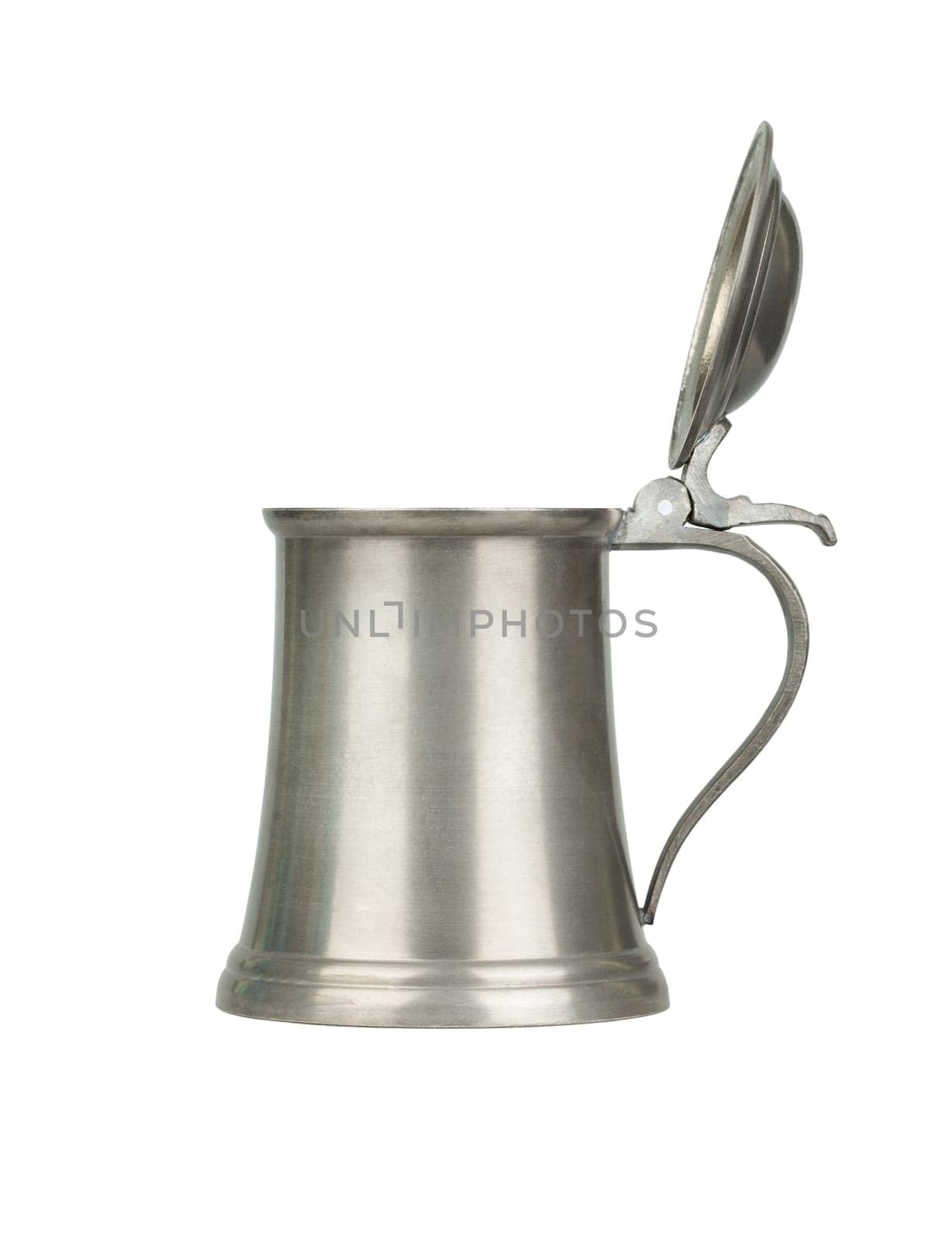 Metallic beer mug with beer isolated on white
