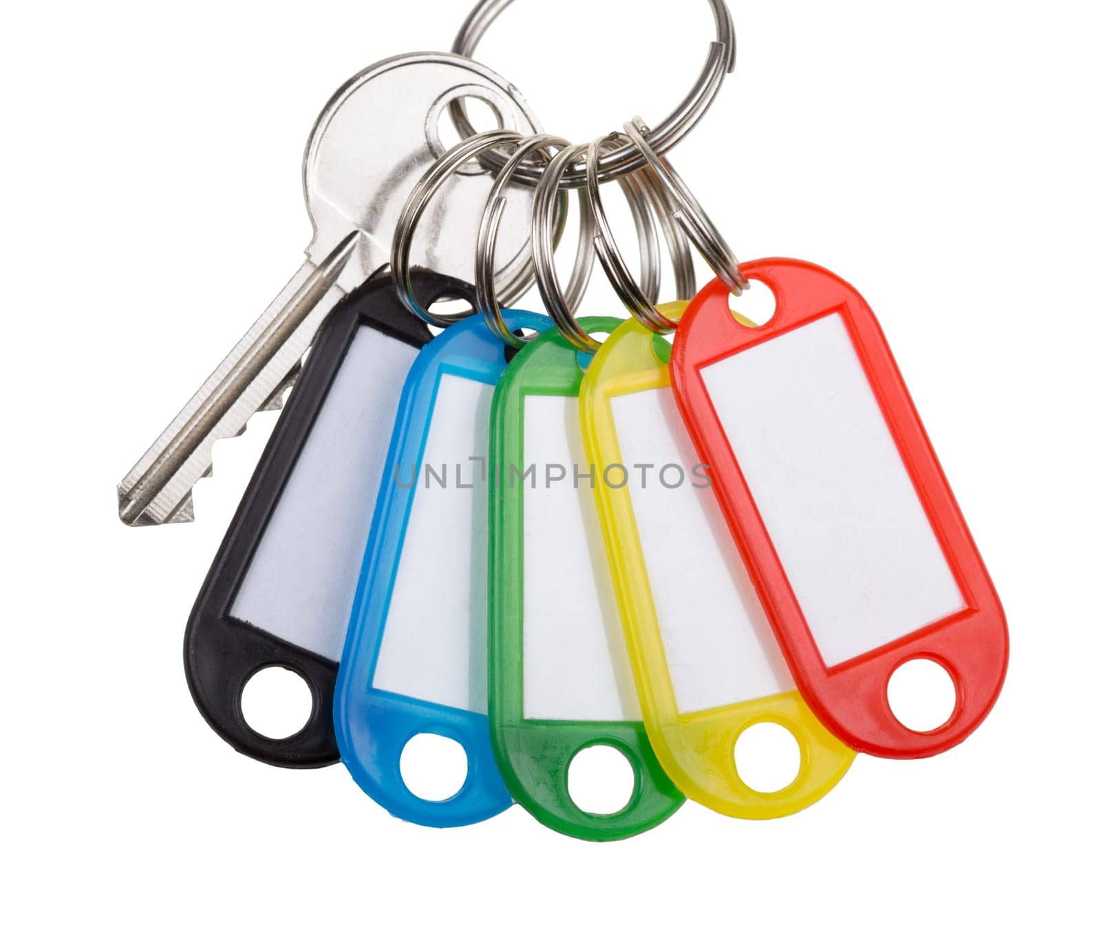One Key With Five Tags isolated on white. Concept of multipurpose solution.