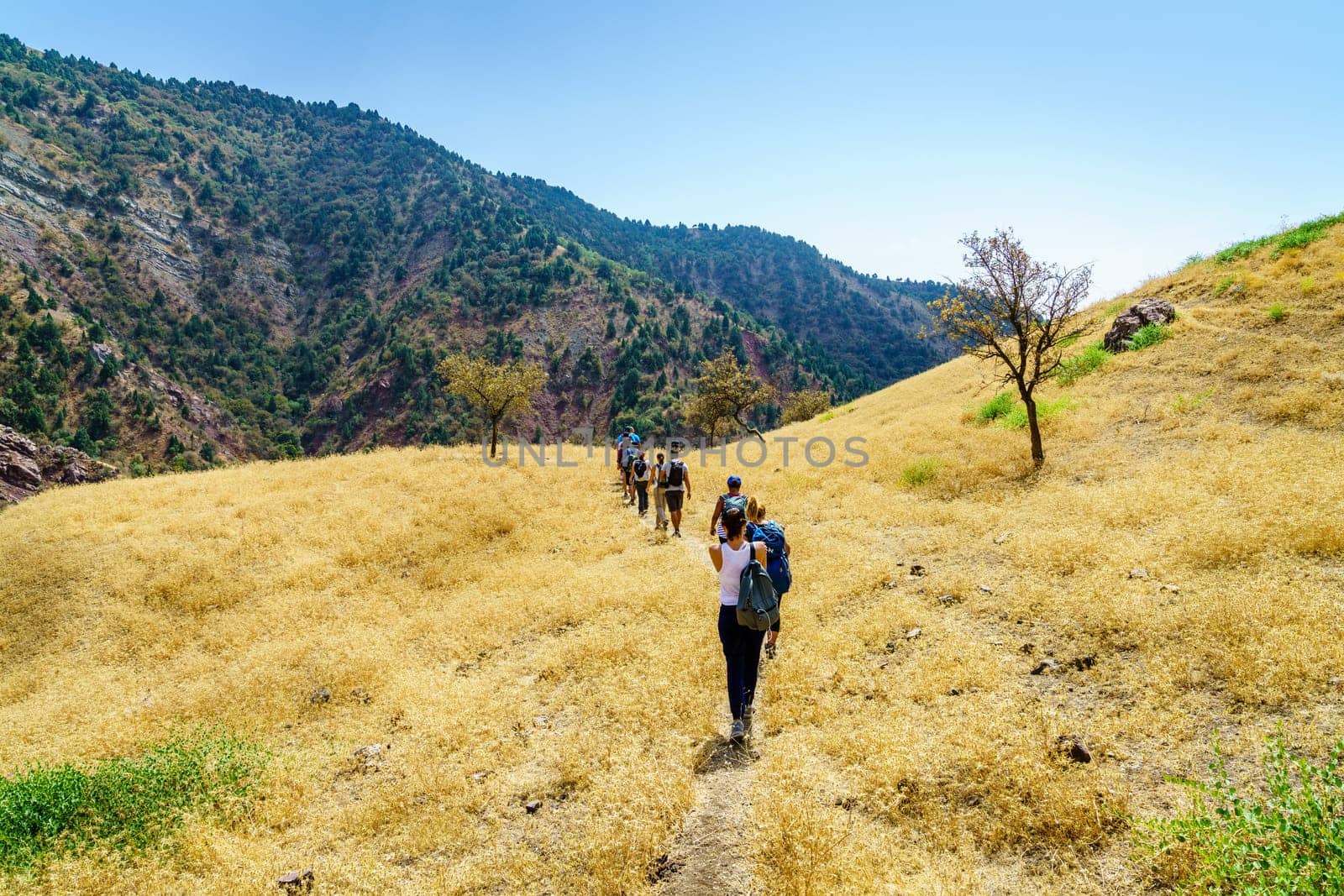 August 25, 2016, Shirkent, Tajikistan: A group of tourists on a trail in Hissar Valley in Tajikistan