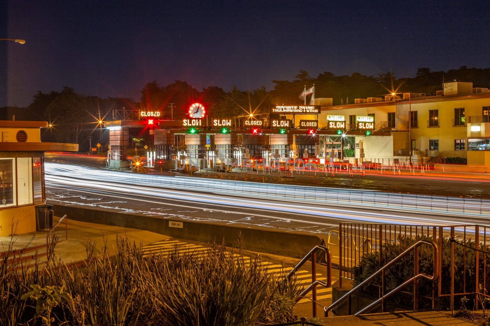San Francisco, USA - March 14, 2019: toll booth at golden gate bridge in San Francisco by night.