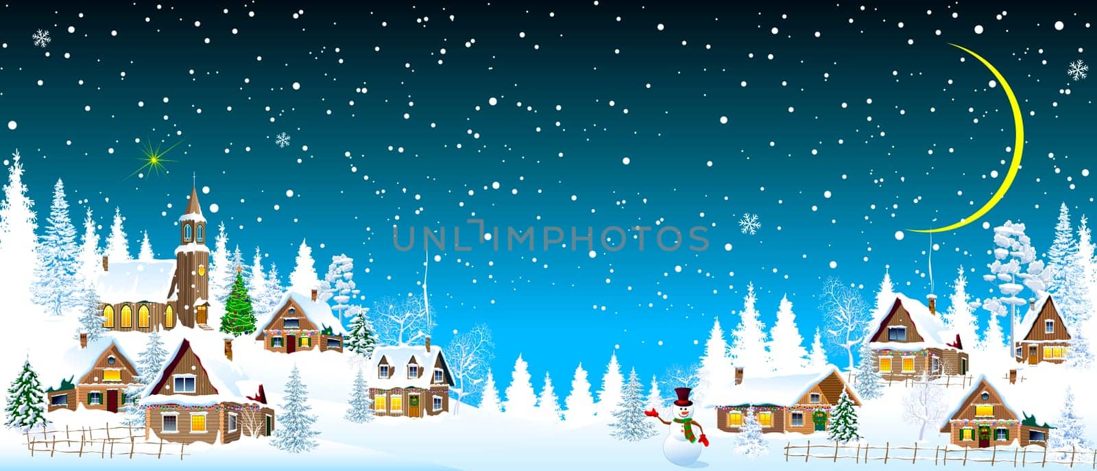 Houses, village, church, spruce. Winter rural landscape. Christmas night. Snow, snow-covered houses, forest. Snowman.