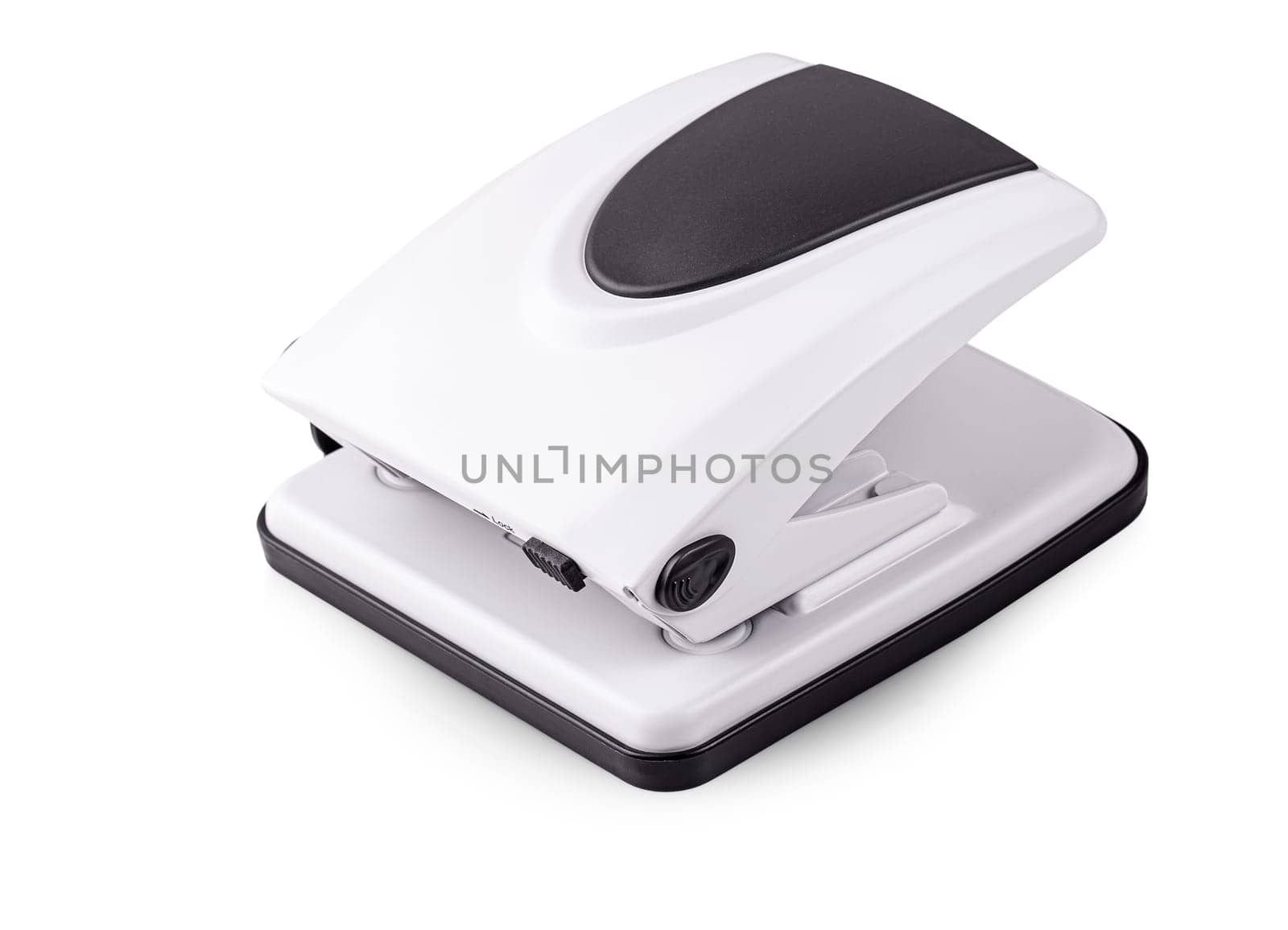 The Close up of Black hole punch for paper isolated on white background.